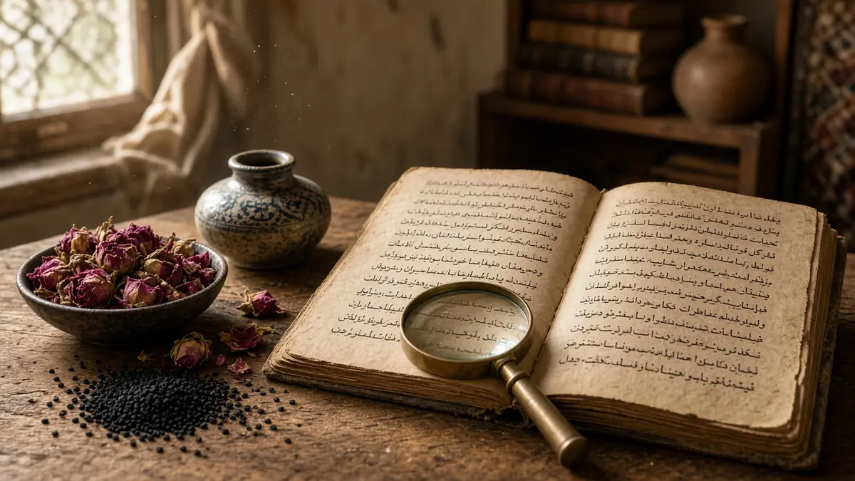 صفحههای کهنهٔ کتاب خطی گیاهان دارویی روی میز چوبی