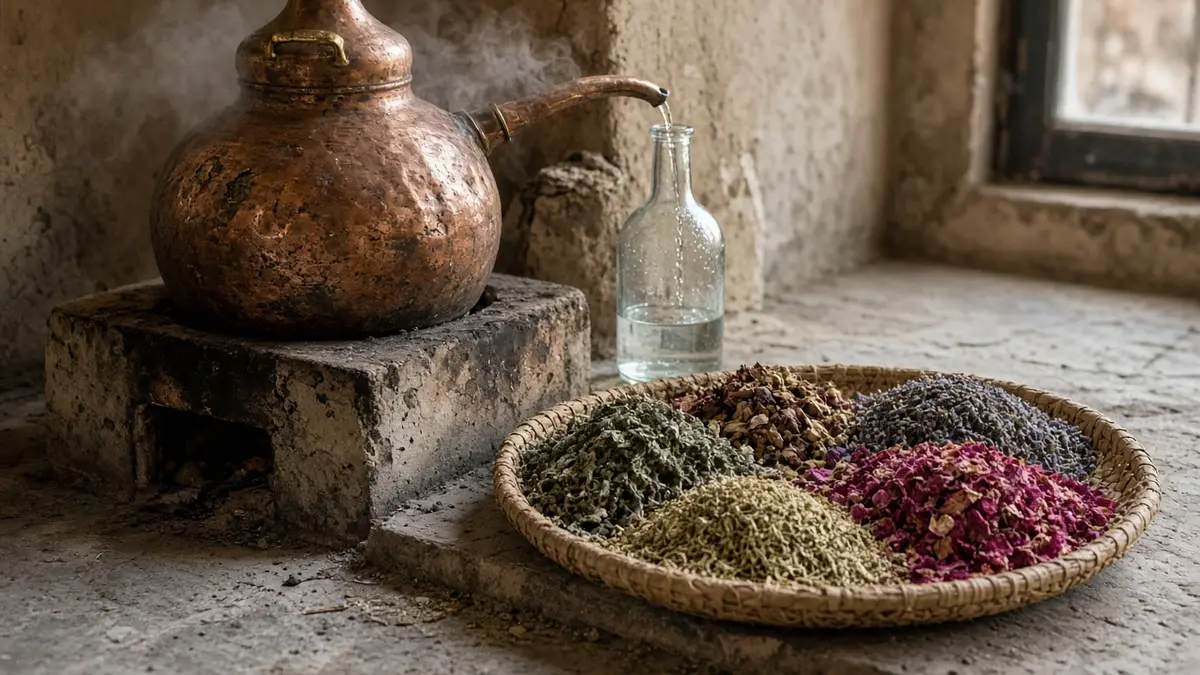 کیسه‌های پارچه‌ای پر از گیاهان خشک رنگارنگ در بازار عطاری