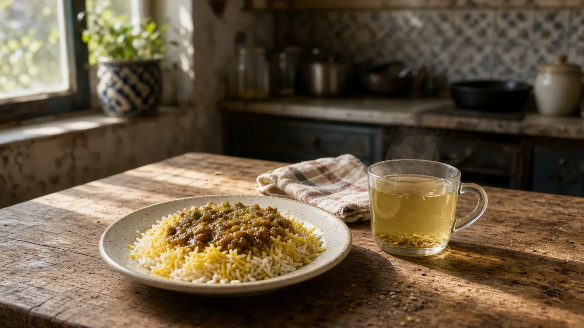 بشقاب ناهار با برنج، سالاد سبزیجات و خورش حبوبات روی میز