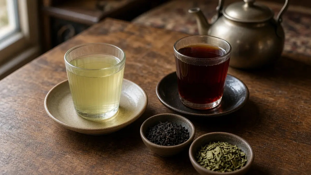 دو فنجان چای سبز روشن و چای سیاه تیره کنار هم روی سینی
