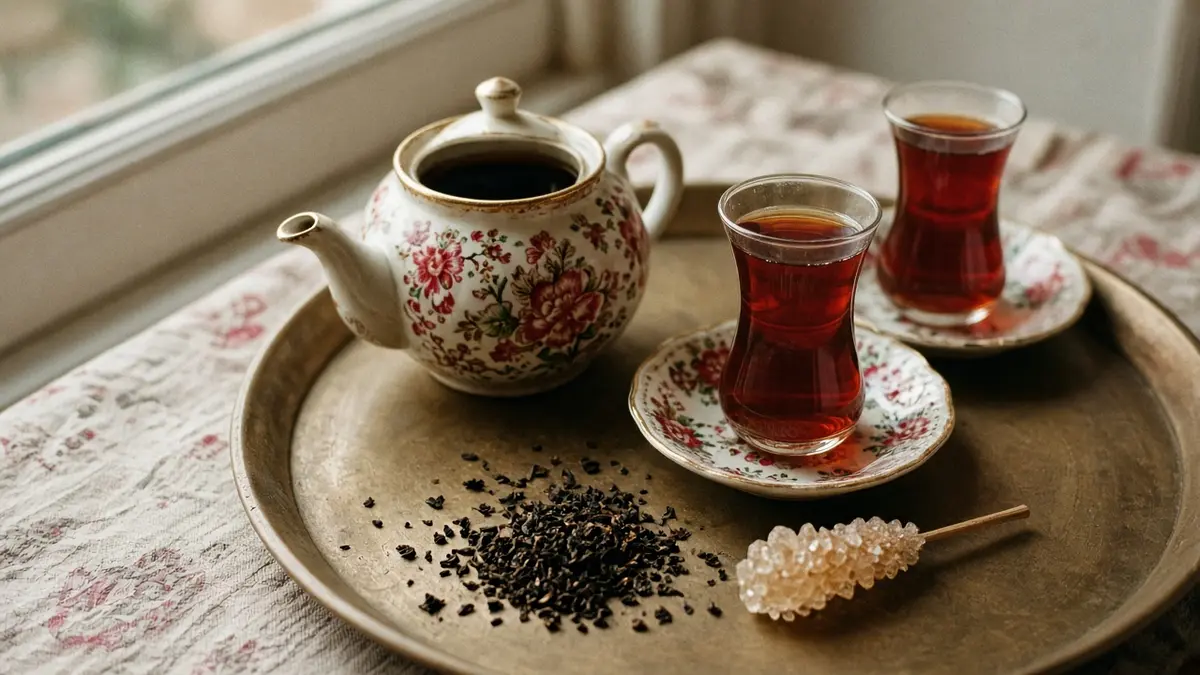 استکان کمر باریک چای سیاه روی نعلبکی کنار قوری چینی