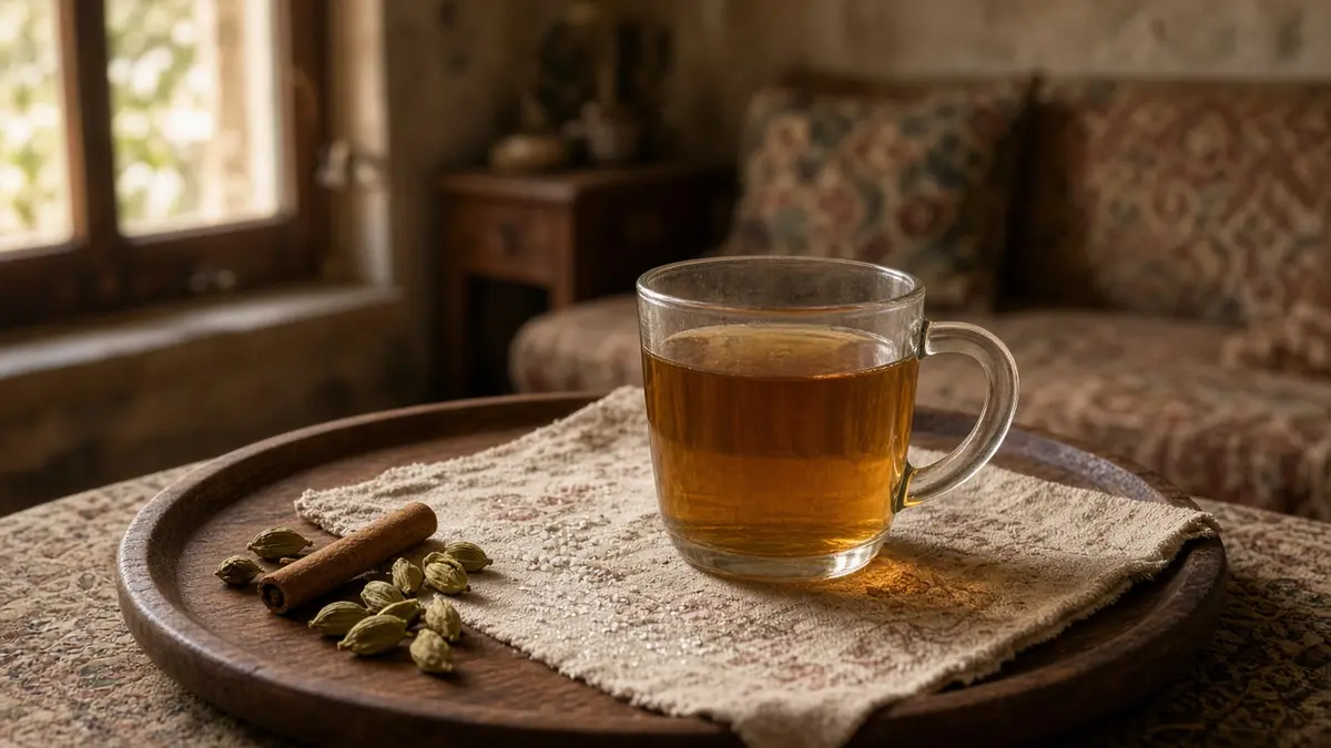 فنجان دمنوش هل و دارچین با چوب دارچین و دانه هل روی نعلبکی