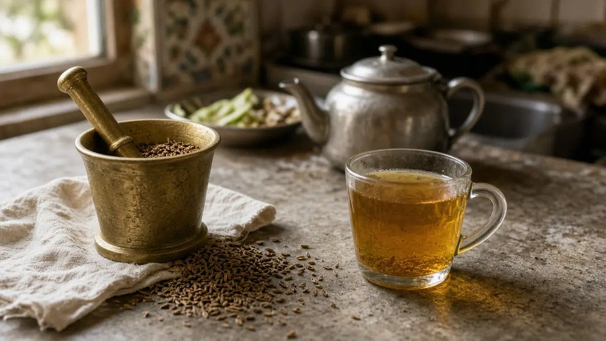 دانههای زیرهٔ سبز در هاون سنگی کنار قاشق چوبی