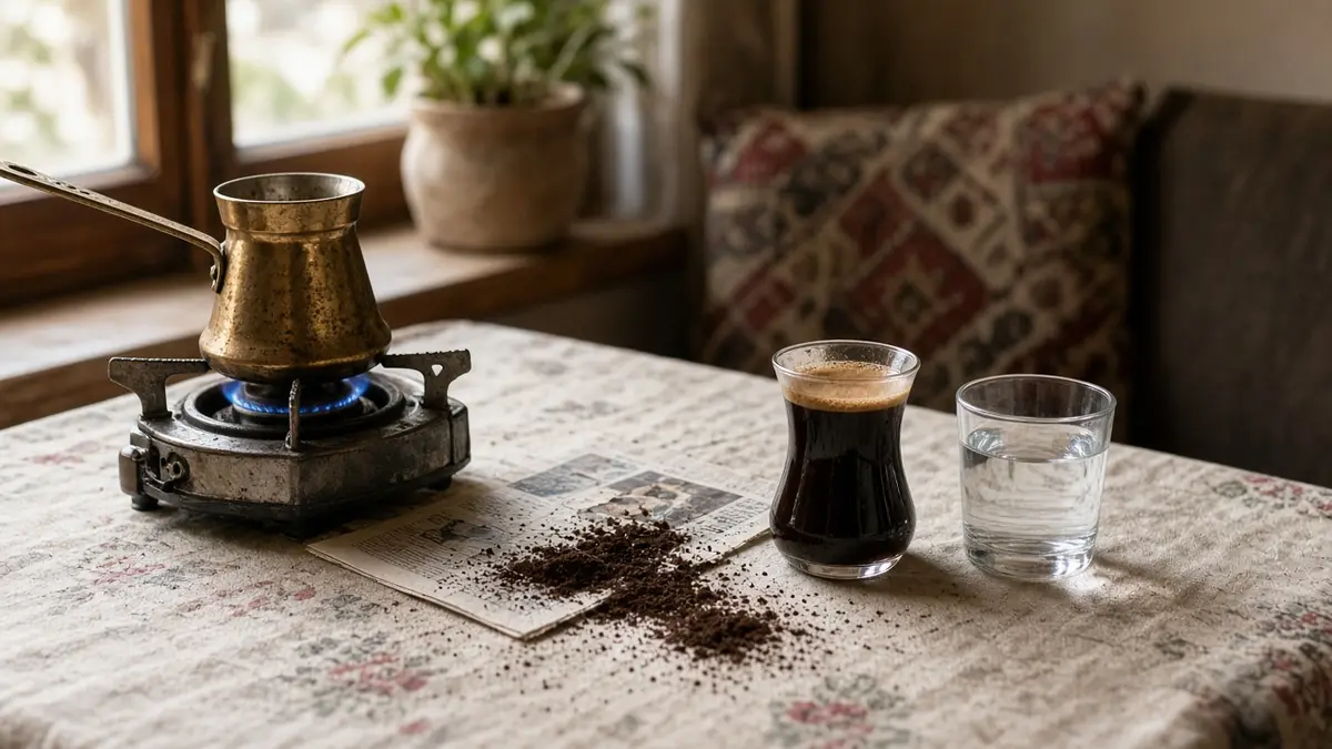 فنجان قهوه دم‌کرده با بخار ملایم روی میز چوبی صبحگاهی