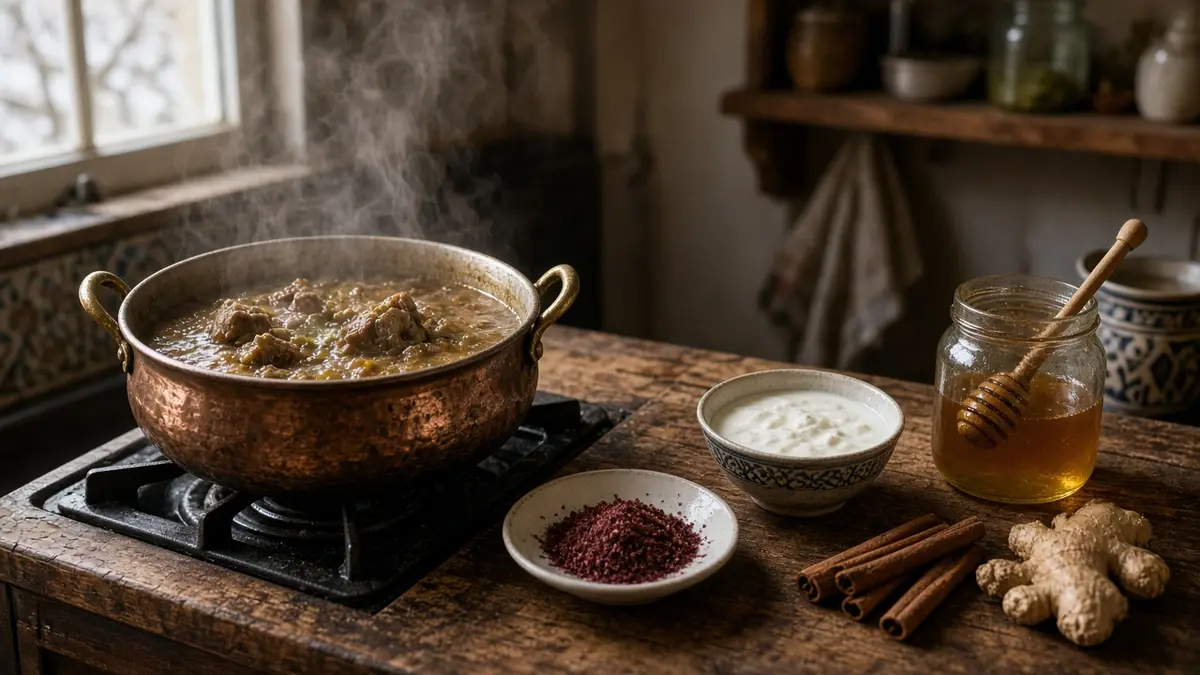 ظرف خرما و گردو کنار چوبهای دارچین و زنجبیل تازه روی سینی مسی