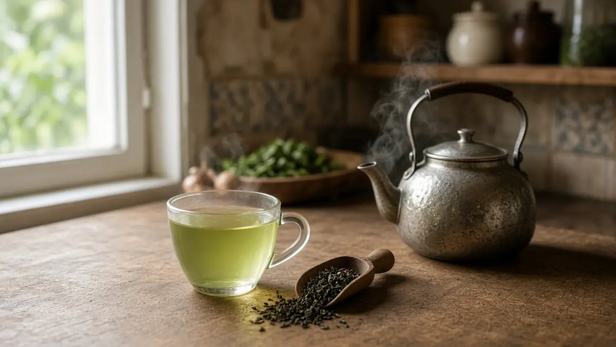 فنجان چای سبز روشن کنار برگ‌های خشک روی میز چوبی