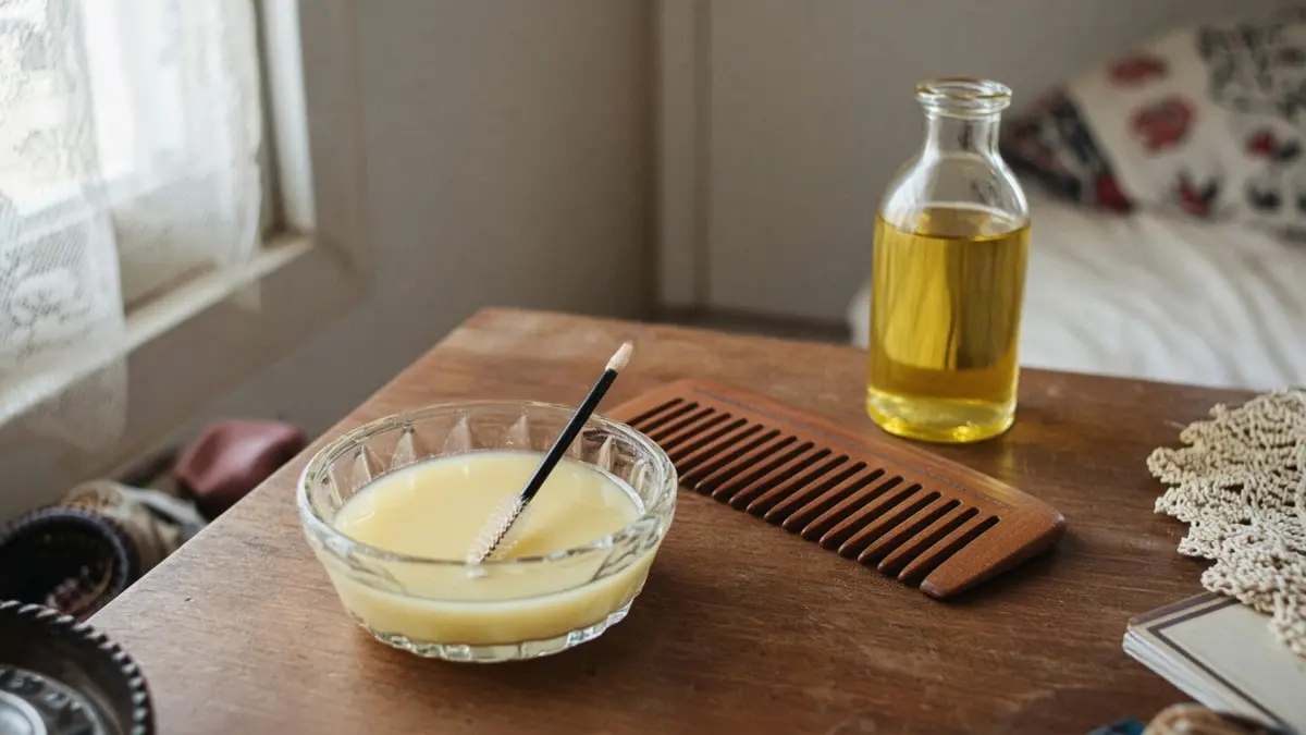 بطری روغن کرچک غلیظ کنار دانههای خالخالی کرچک روی سینی فلزی
