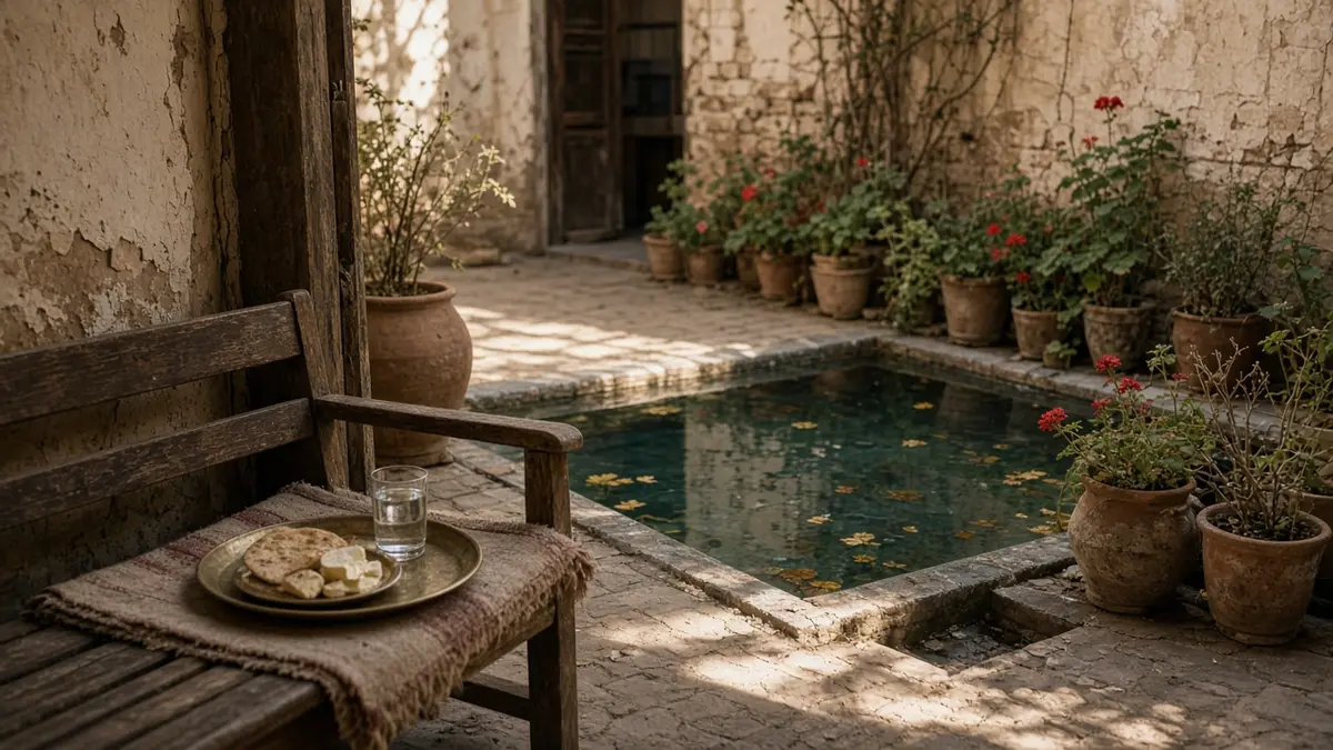پنجرهٔ چوبی باز رو به حیاط با نور صبح و گلدان شمعدانی لب پنجره