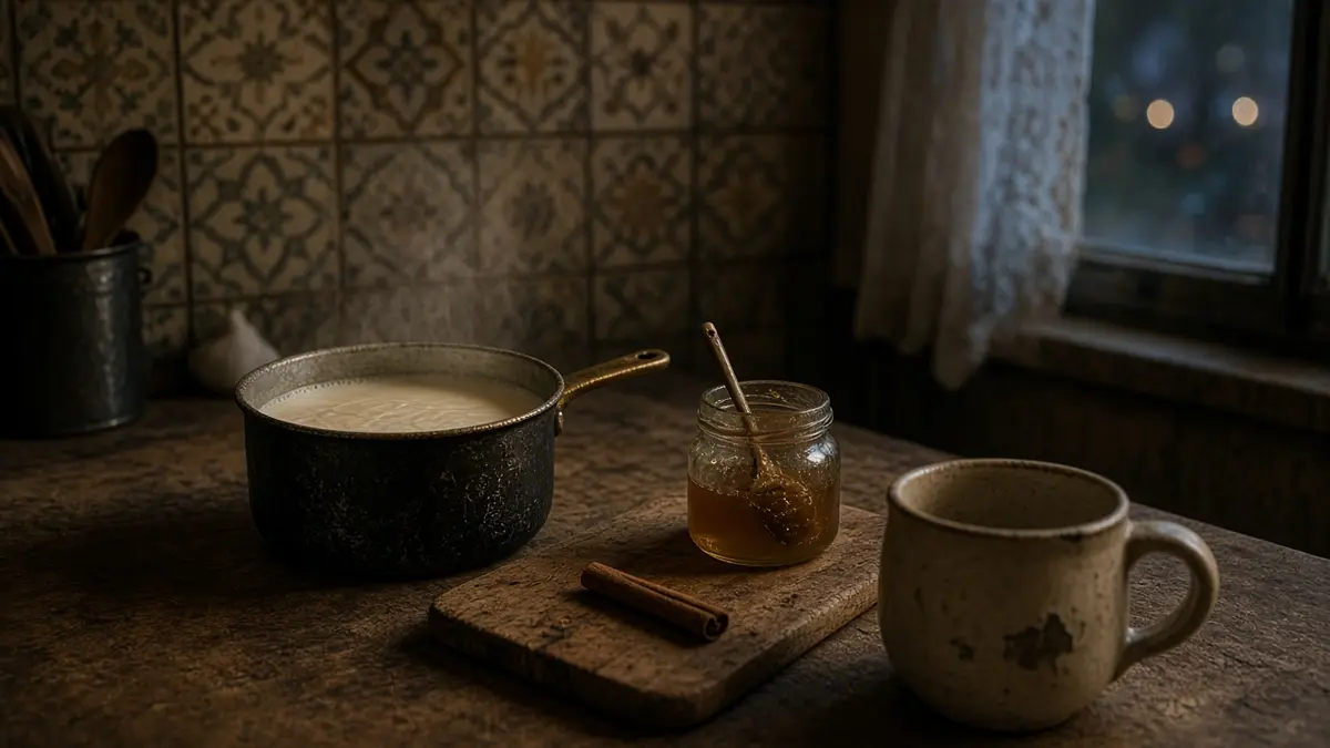 لیوان شیر گرم روی میز کنار چراغ خواب کم‌نور
